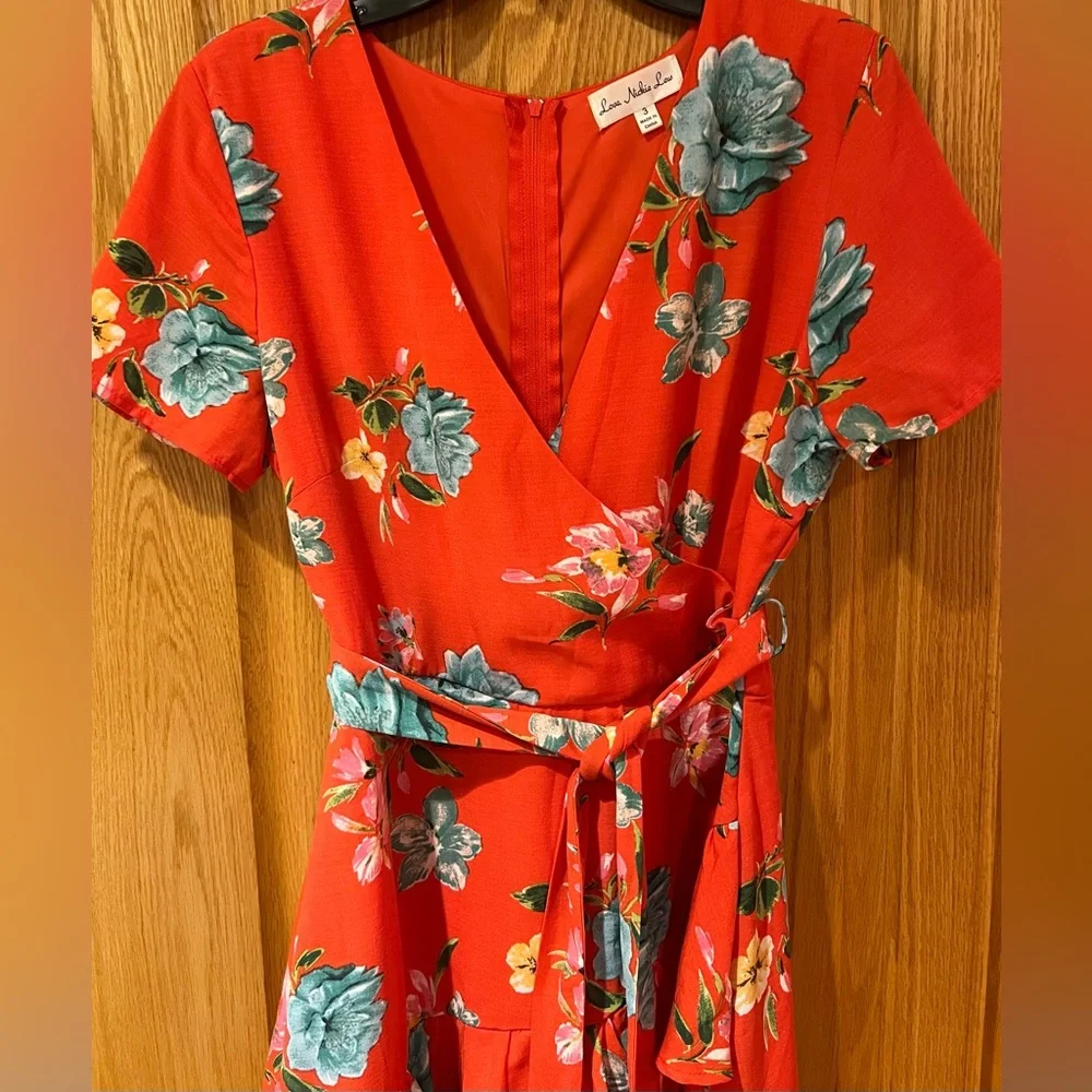 Nordstrom Love, Nickie Lew Orange Floral Faux Wrap Ruffle Mini‎ Dress Size 3